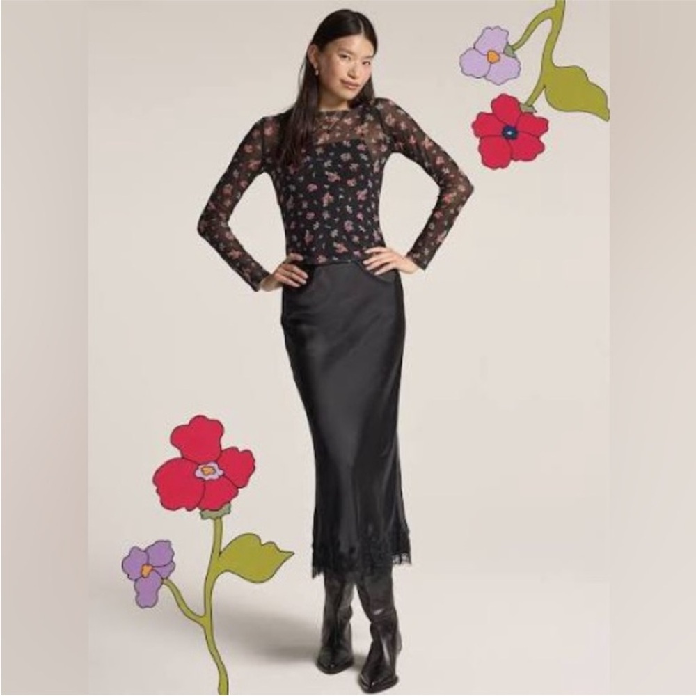 NEW! Old Navy x Anna Sui Satin Lace Hem Midi Skirt - Size Large 🩰 #864614